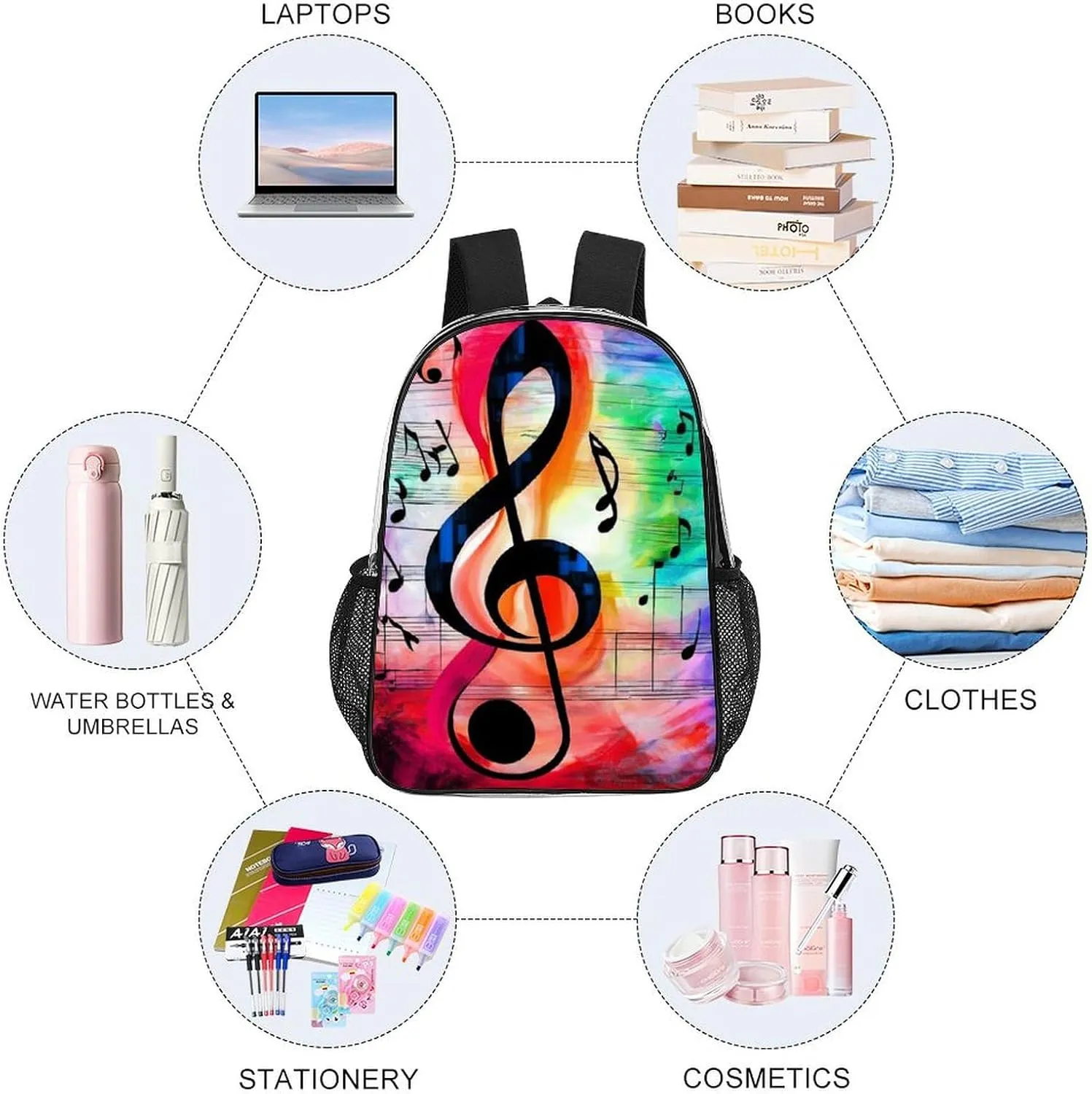 Supdreamc Transparent Daypack for Hiking Work Running - Big Capacity Anti-Theft Multipurpose Shoulder Bag, Abstract Music Notes Travel and Sport Backpack Rucksack
