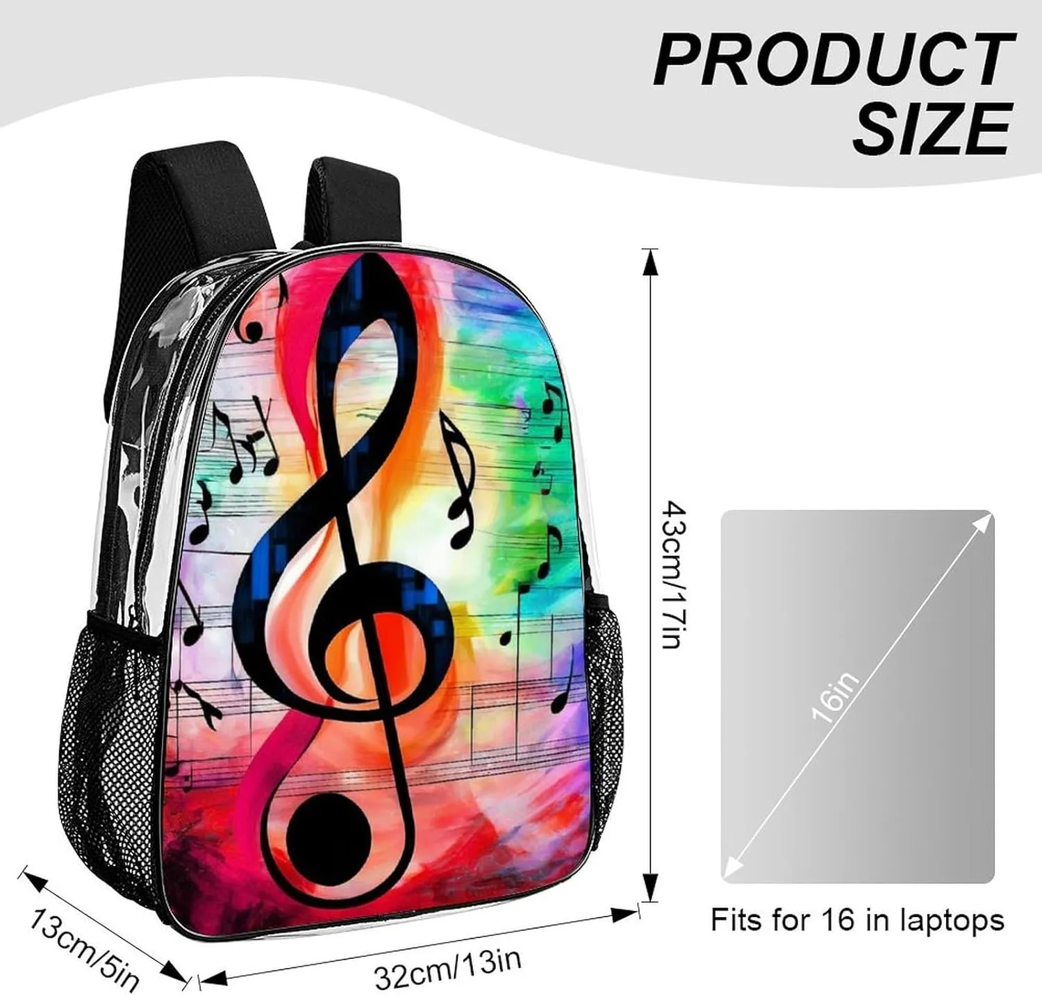Supdreamc Transparent Daypack for Hiking Work Running - Big Capacity Anti-Theft Multipurpose Shoulder Bag, Abstract Music Notes Travel and Sport Backpack Rucksack