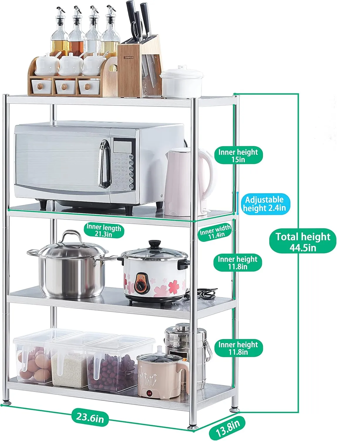 susunnus Stainless Steel Shelves 23.6in-4 Tier, Stainless Steel Shelf Organizer, Kitchen Storage Shelves, Heavy Duty Shelving, Artistic Texture, Pragmatic & Sturdy & Waterproof