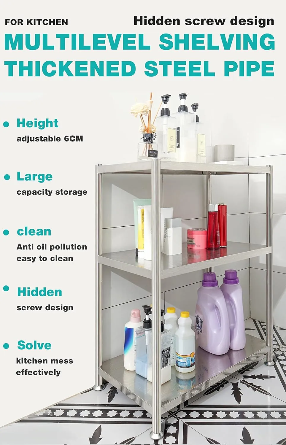 susunnus Stainless Steel Shelves 23.6in-4 Tier, Stainless Steel Shelf Organizer, Kitchen Storage Shelves, Heavy Duty Shelving, Artistic Texture, Pragmatic & Sturdy & Waterproof