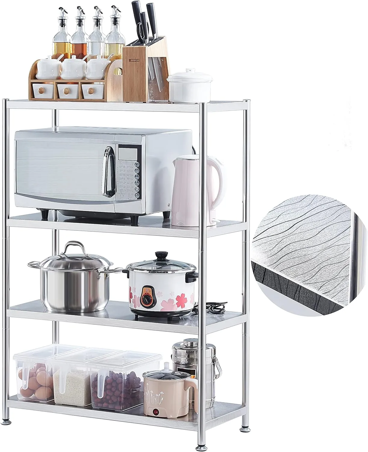susunnus Stainless Steel Shelves 23.6in-4 Tier, Stainless Steel Shelf Organizer, Kitchen Storage Shelves, Heavy Duty Shelving, Artistic Texture, Pragmatic & Sturdy & Waterproof