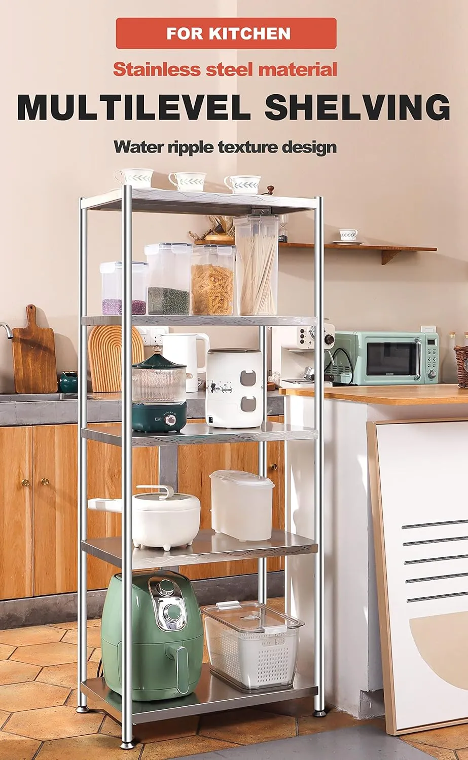 susunnus Stainless Steel Shelves 23.6in-4 Tier, Stainless Steel Shelf Organizer, Kitchen Storage Shelves, Heavy Duty Shelving, Artistic Texture, Pragmatic & Sturdy & Waterproof