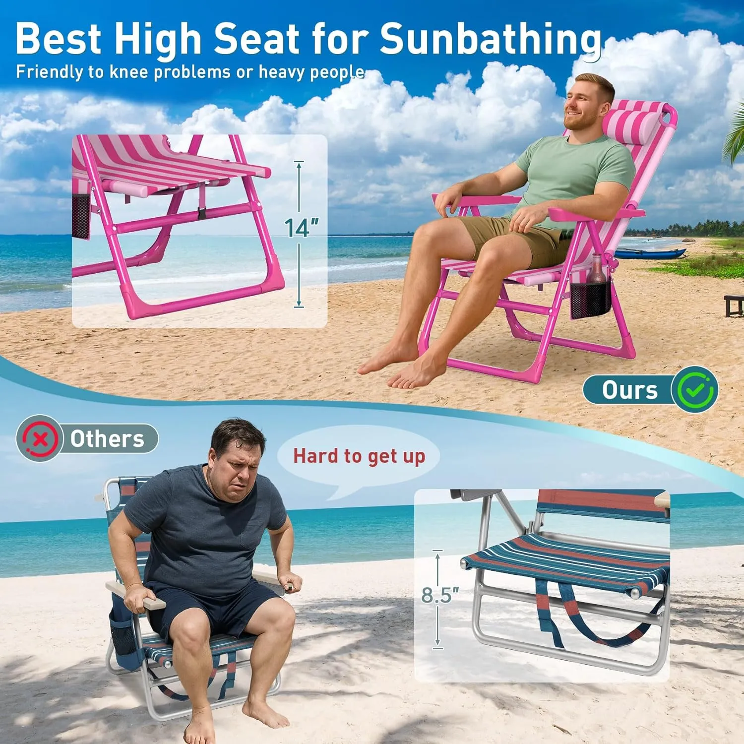 Suteck Backpack Beach Chair, 6-Positions Beach Chairs for Adults with Cooler Bag, Reclining Beach Chair with Cup Holder Folding Camping Chair for Sand Outdoor
