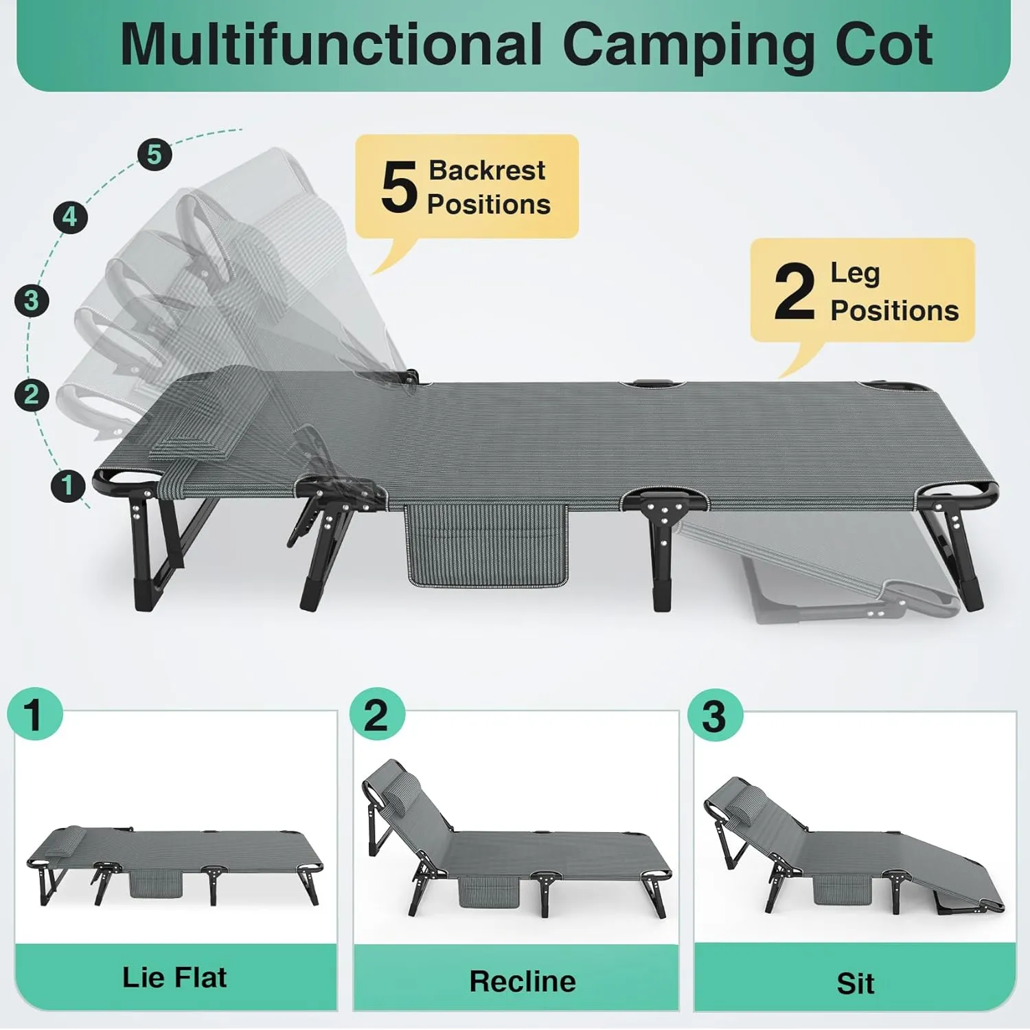 Suteck Camping Cot, 5 2 Positions Adjustable Reclining Folding Camping Cot Sleeping Bed Cots for Adults Outdoor Portable Chaise Lounge Chair W/Carry Bag Pillow Cushion for Home Nap Beach Travel