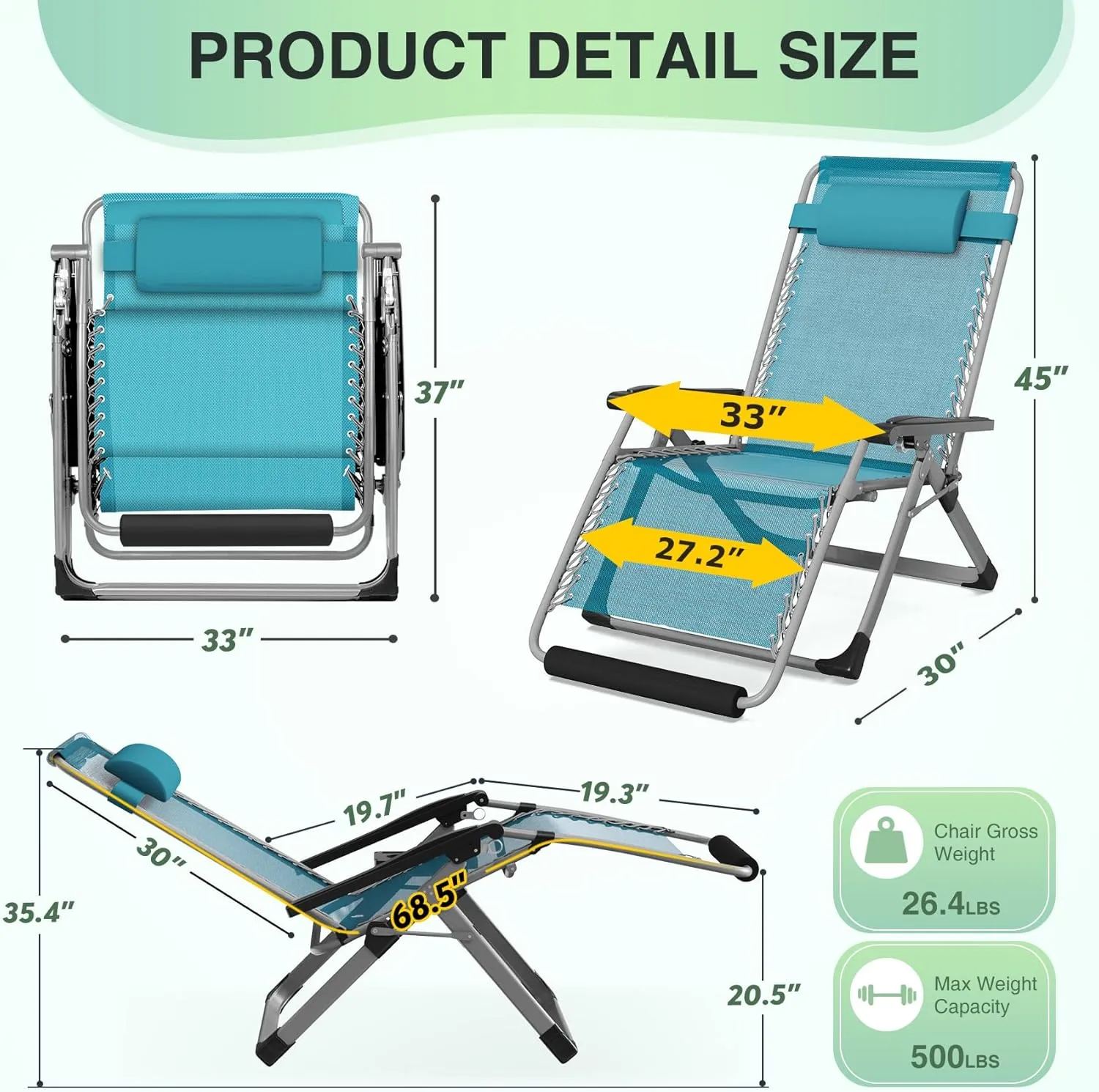Suteck Oversized Zero Gravity Chair,33In XXL Lounge Chair w/Removable Cushion&Headrest, Reclining Camping Chair w/Upgraded Lock and Footrest, Reclining Patio Chairs Recliner for Indoor Outdoor,500LBS