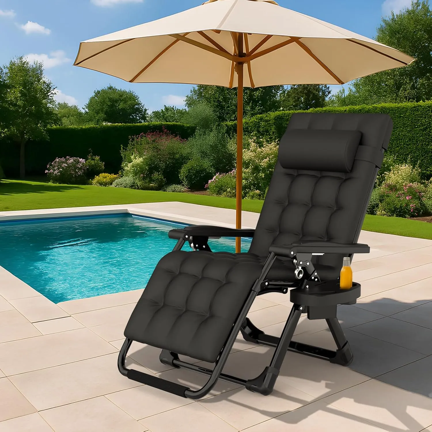 Suteck Zero Gravity Chair, Reclining Camping Lounge Chair w/Removable Cushion, Upgraded Lock and Cup Holder, Reclining Patio Chairs Folding Recliner for Indoor and Outdoor