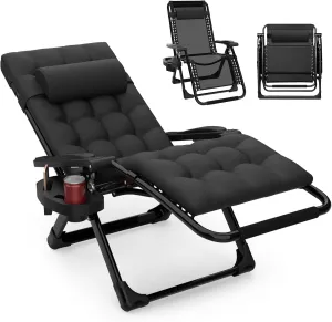 Suteck Zero Gravity Chair, Reclining Camping Lounge Chair w/Removable Cushion, Upgraded Lock and Cup Holder, Reclining Patio Chairs Folding Recliner for Indoor and Outdoor