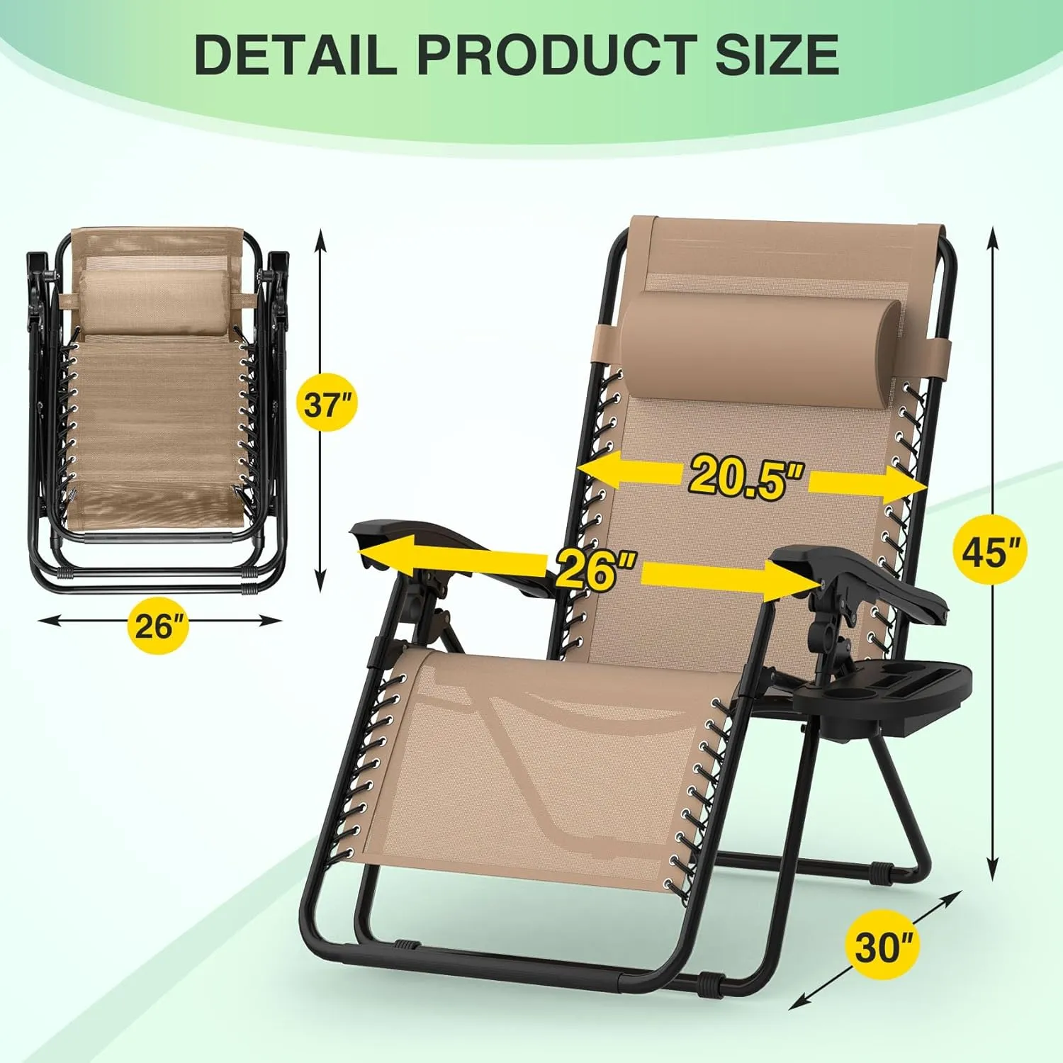 Suteck Zero Gravity Chairs Set of 2, Zero Gravity Lounge Chair w/Upgraded Lock, Big Cup Holder and Pillow, Reclining Patio Chairs Folding Recliner for Indoor and Outdoor, Khaki
