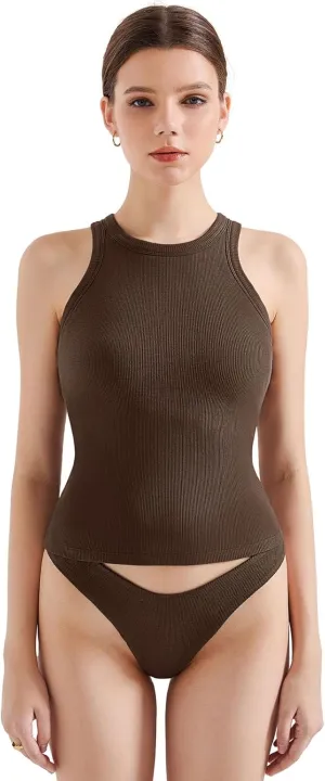 SUUKSESS Women Padded Cotton Ribbed Tank Tops 2025 High Neck Racerback Basic Tops