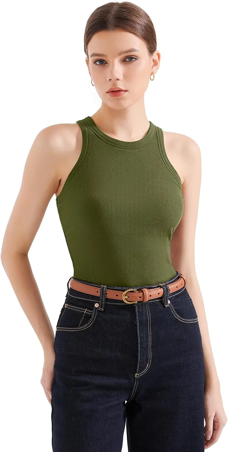 SUUKSESS Women Padded Cotton Ribbed Tank Tops 2025 High Neck Racerback Basic Tops