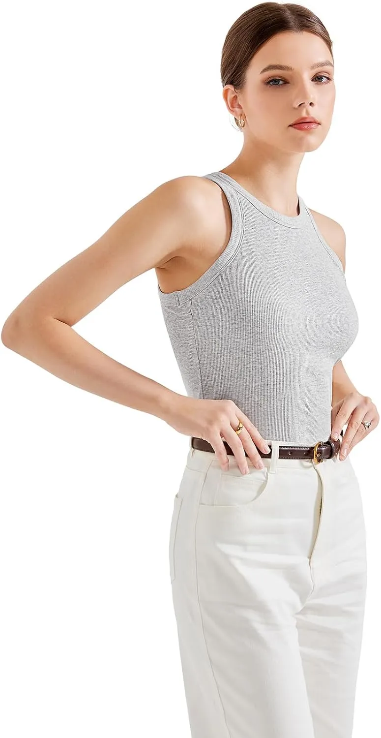 SUUKSESS Women Padded Cotton Ribbed Tank Tops 2025 High Neck Racerback Basic Tops