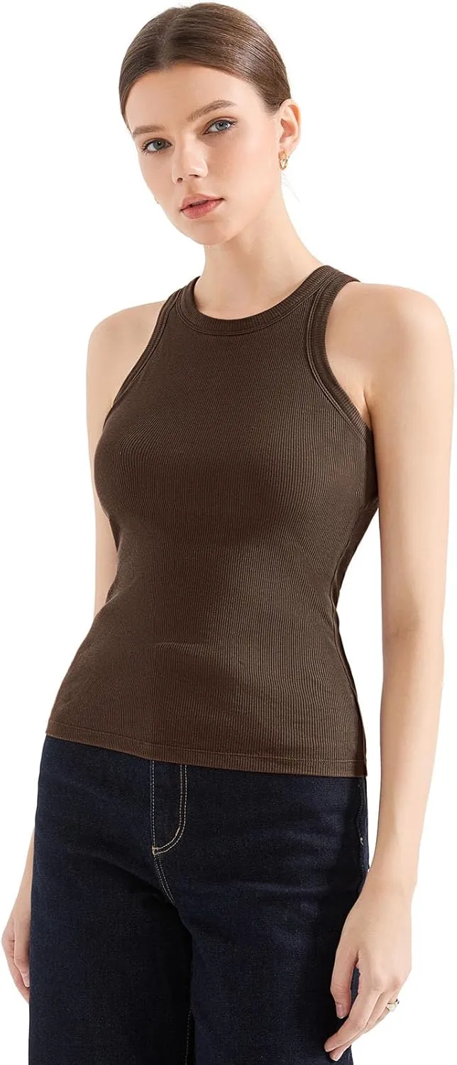 SUUKSESS Women Padded Cotton Ribbed Tank Tops 2025 High Neck Racerback Basic Tops