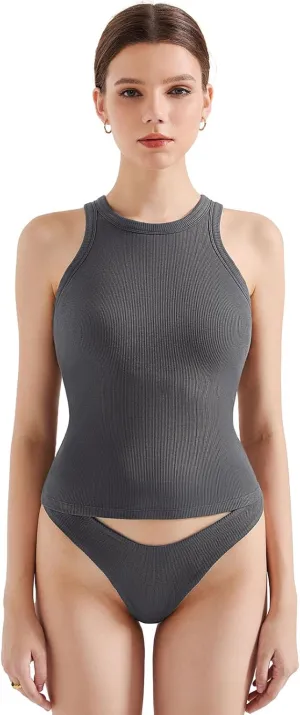 SUUKSESS Women Padded Cotton Ribbed Tank Tops 2025 High Neck Racerback Basic Tops