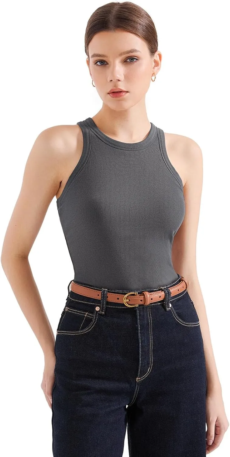 SUUKSESS Women Padded Cotton Ribbed Tank Tops 2025 High Neck Racerback Basic Tops