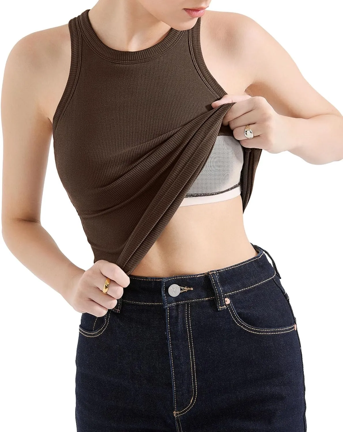 SUUKSESS Women Padded Cotton Ribbed Tank Tops 2025 High Neck Racerback Basic Tops