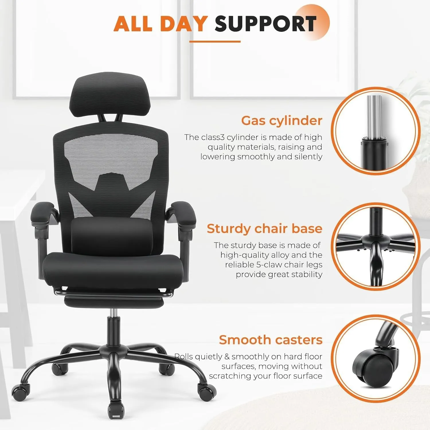 Sweetcrispy Office Computer Desk Chair with Footrest,Ergonomic High-Back Mesh Rolling Work Swivel Chairs with Wheels,Comfortable Lumbar Support,Comfy Arms for Home,Bedroom,Study,Student,Inky