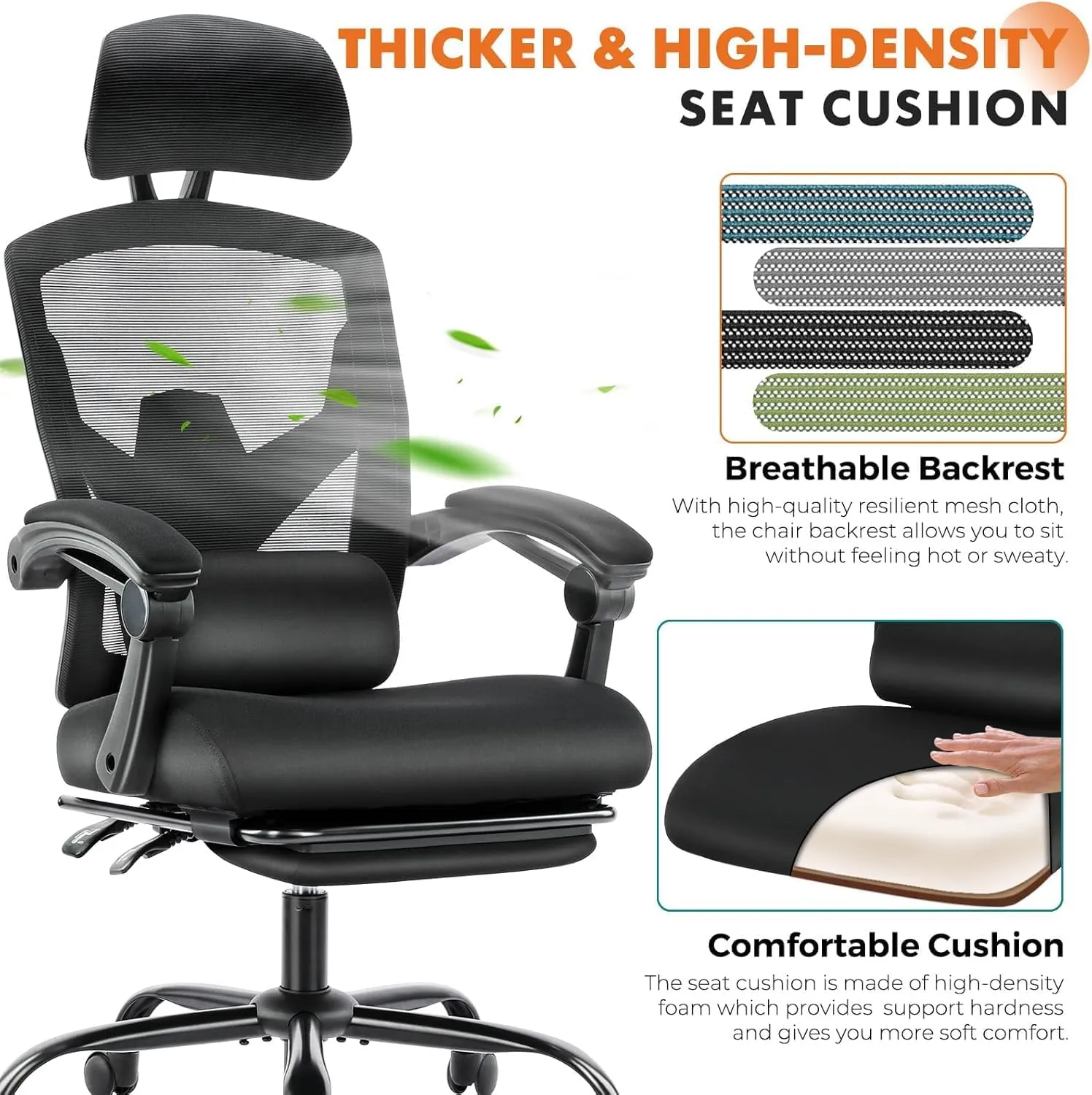 Sweetcrispy Office Computer Desk Chair with Footrest,Ergonomic High-Back Mesh Rolling Work Swivel Chairs with Wheels,Comfortable Lumbar Support,Comfy Arms for Home,Bedroom,Study,Student,Inky