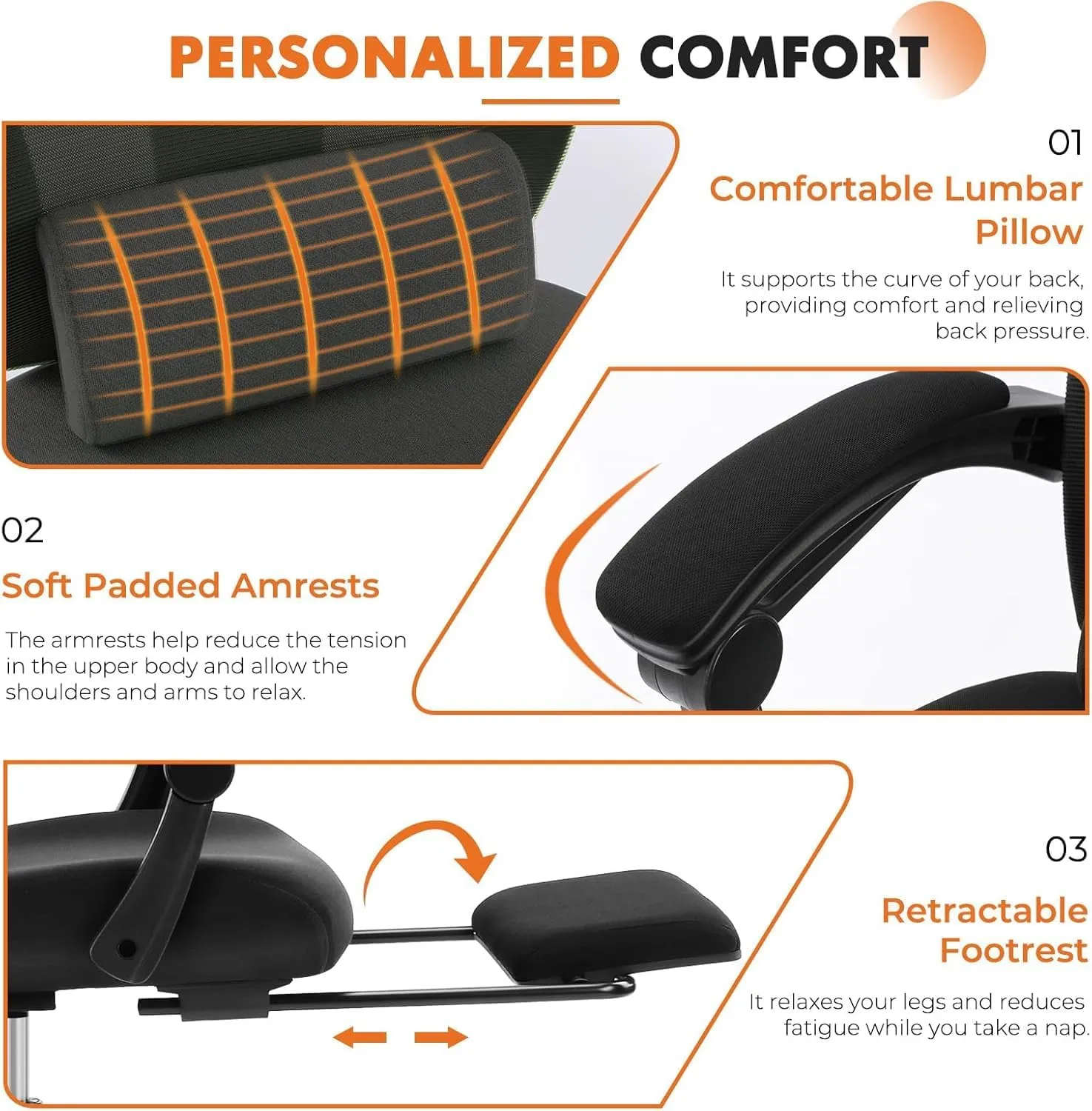 Sweetcrispy Office Computer Desk Chair with Footrest,Ergonomic High-Back Mesh Rolling Work Swivel Chairs with Wheels,Comfortable Lumbar Support,Comfy Arms for Home,Bedroom,Study,Student,Inky