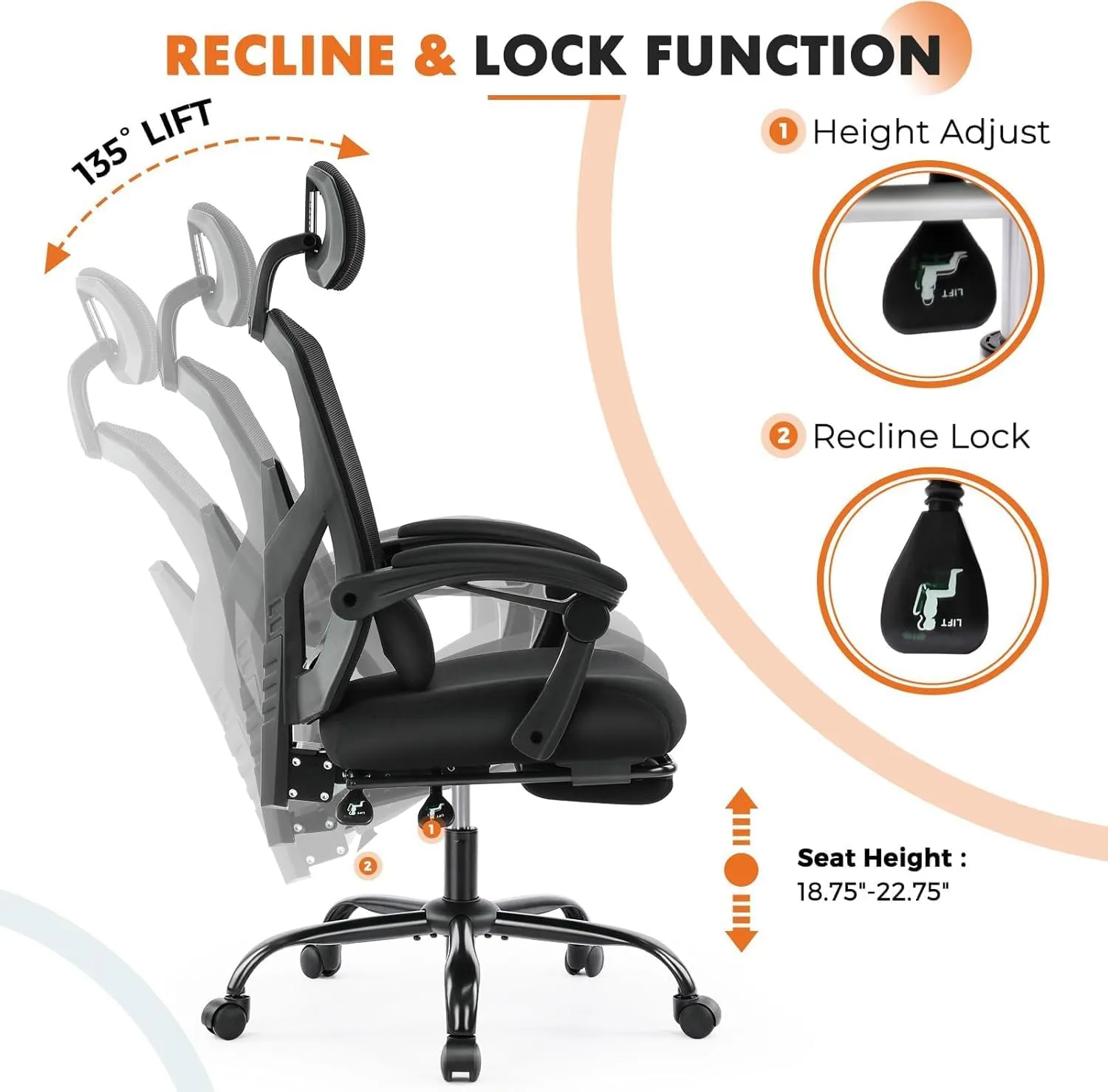 Sweetcrispy Office Computer Desk Chair with Footrest,Ergonomic High-Back Mesh Rolling Work Swivel Chairs with Wheels,Comfortable Lumbar Support,Comfy Arms for Home,Bedroom,Study,Student,Inky