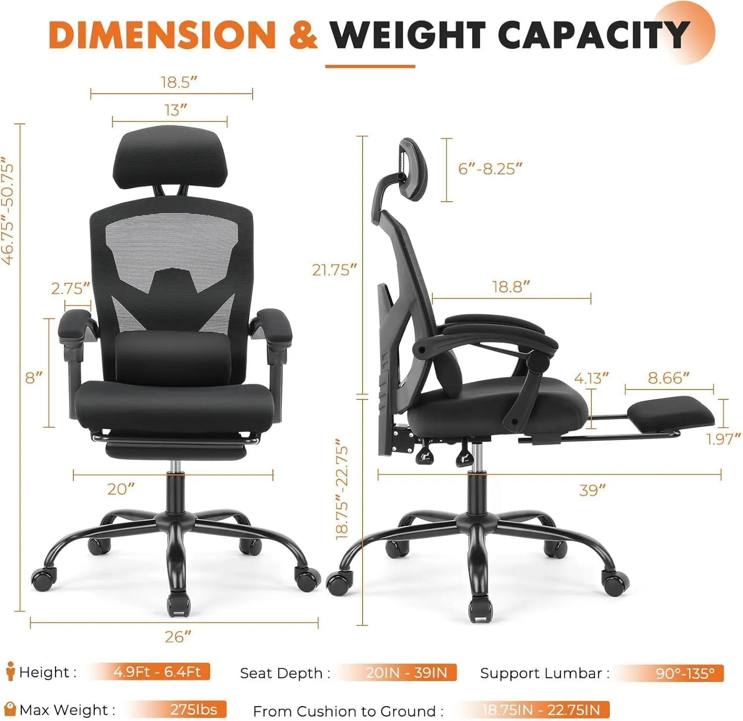 Sweetcrispy Office Computer Desk Chair with Footrest,Ergonomic High-Back Mesh Rolling Work Swivel Chairs with Wheels,Comfortable Lumbar Support,Comfy Arms for Home,Bedroom,Study,Student,Inky