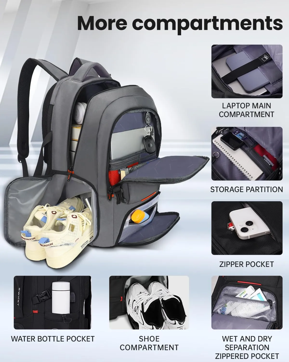 SWICKY 60L Travel Backpack Outdoor, Expandable Backpack with Shoe Compartment/Laptop Bag/Water Resistant/USB Port for Women & Men, Ideal for Travel and Hiking(Gray)