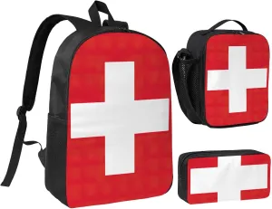 Swiss Flag print Backpack 3pcs Set Including 17 Inch Large BookBag With Lunch Bag And Practical Pen Bag