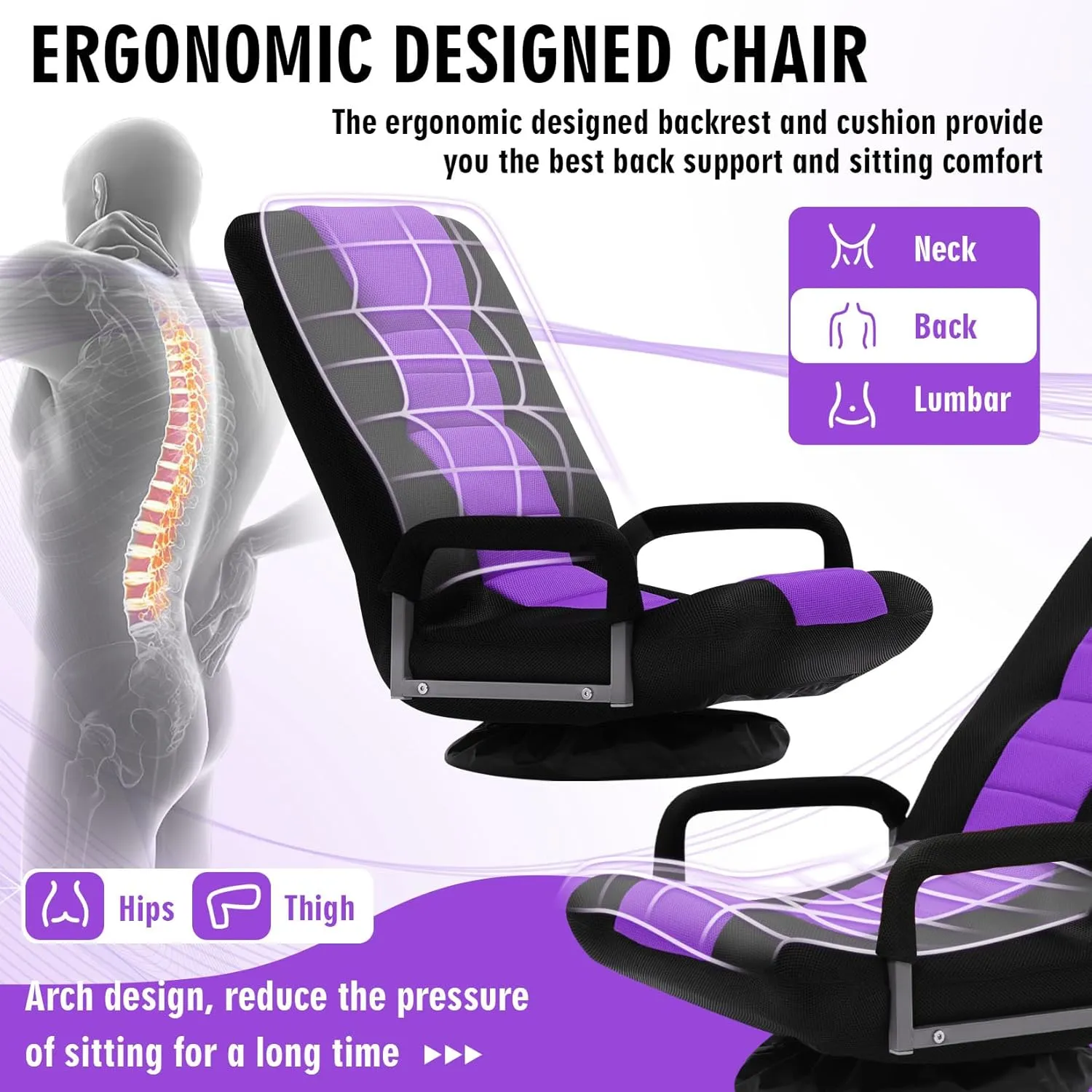 Swivel Floor Gaming Chair w/Armrests,Folding Video Reclining Sofa w/6 Adjustable Position, Padded Backrest & Cushion, Lazy Lounger Couch for E-Sports, Reading, Relaxing, Watching TV, Purple
