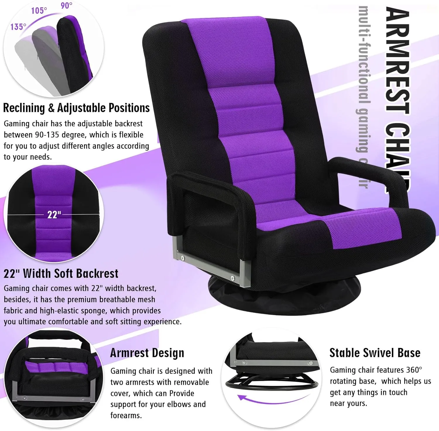 Swivel Floor Gaming Chair w/Armrests,Folding Video Reclining Sofa w/6 Adjustable Position, Padded Backrest & Cushion, Lazy Lounger Couch for E-Sports, Reading, Relaxing, Watching TV, Purple