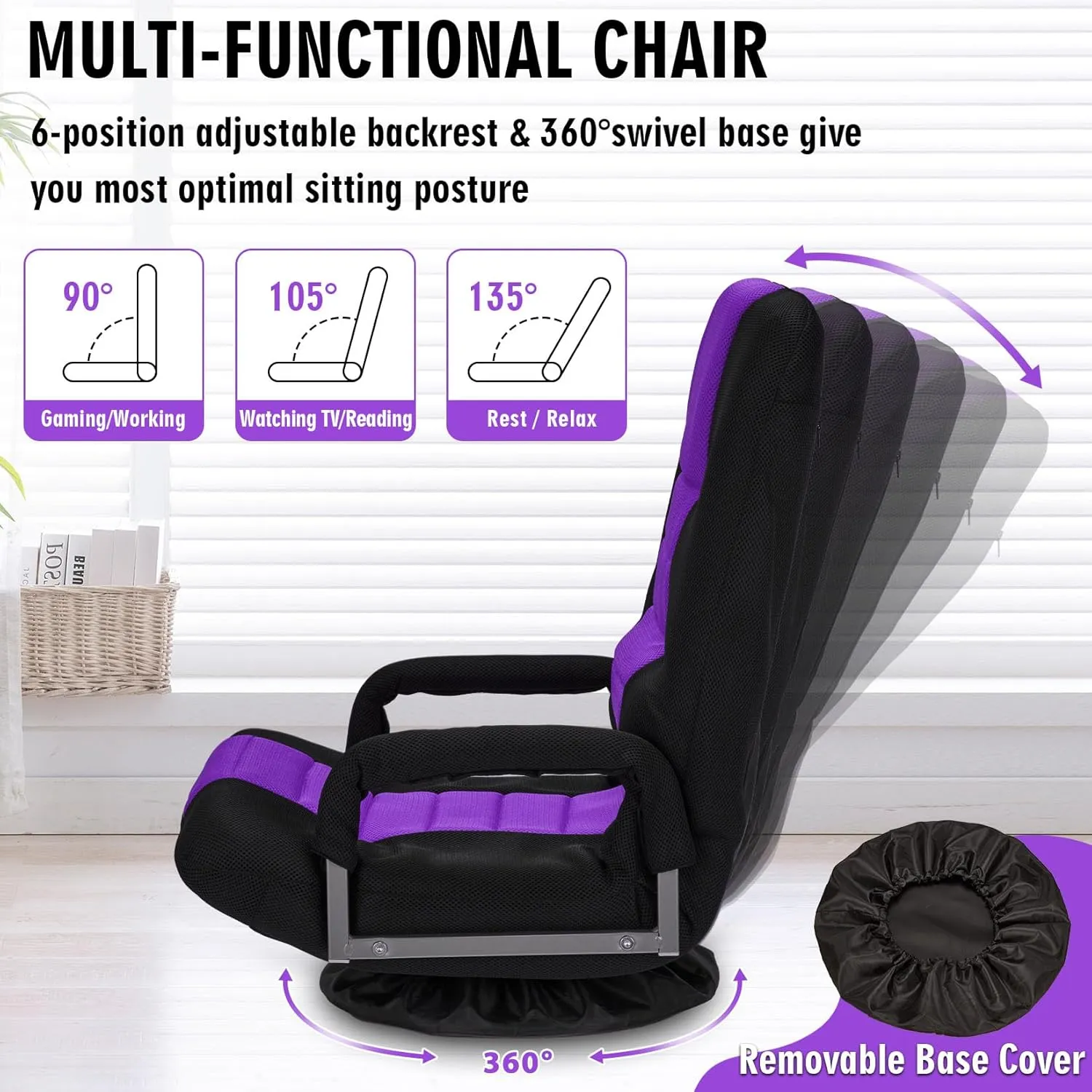 Swivel Floor Gaming Chair w/Armrests,Folding Video Reclining Sofa w/6 Adjustable Position, Padded Backrest & Cushion, Lazy Lounger Couch for E-Sports, Reading, Relaxing, Watching TV, Purple