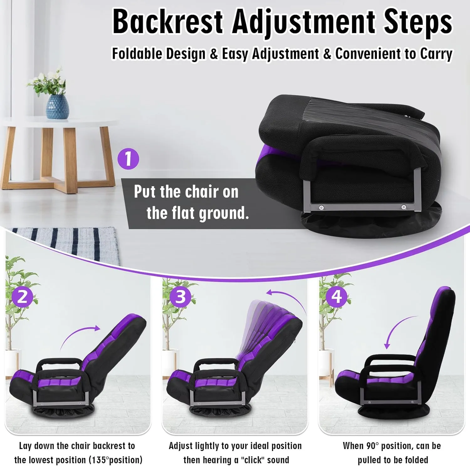Swivel Floor Gaming Chair w/Armrests,Folding Video Reclining Sofa w/6 Adjustable Position, Padded Backrest & Cushion, Lazy Lounger Couch for E-Sports, Reading, Relaxing, Watching TV, Purple