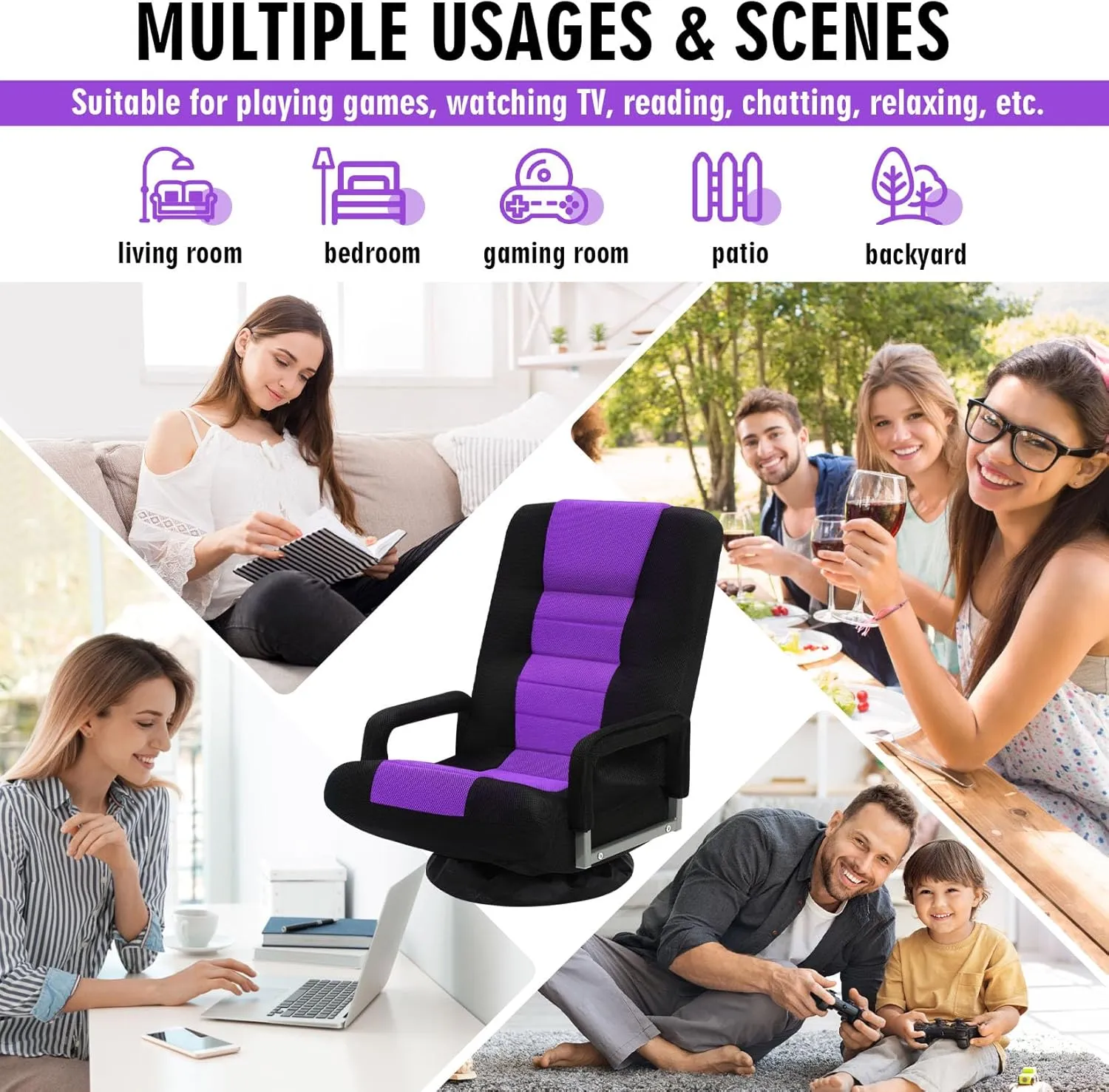 Swivel Floor Gaming Chair w/Armrests,Folding Video Reclining Sofa w/6 Adjustable Position, Padded Backrest & Cushion, Lazy Lounger Couch for E-Sports, Reading, Relaxing, Watching TV, Purple