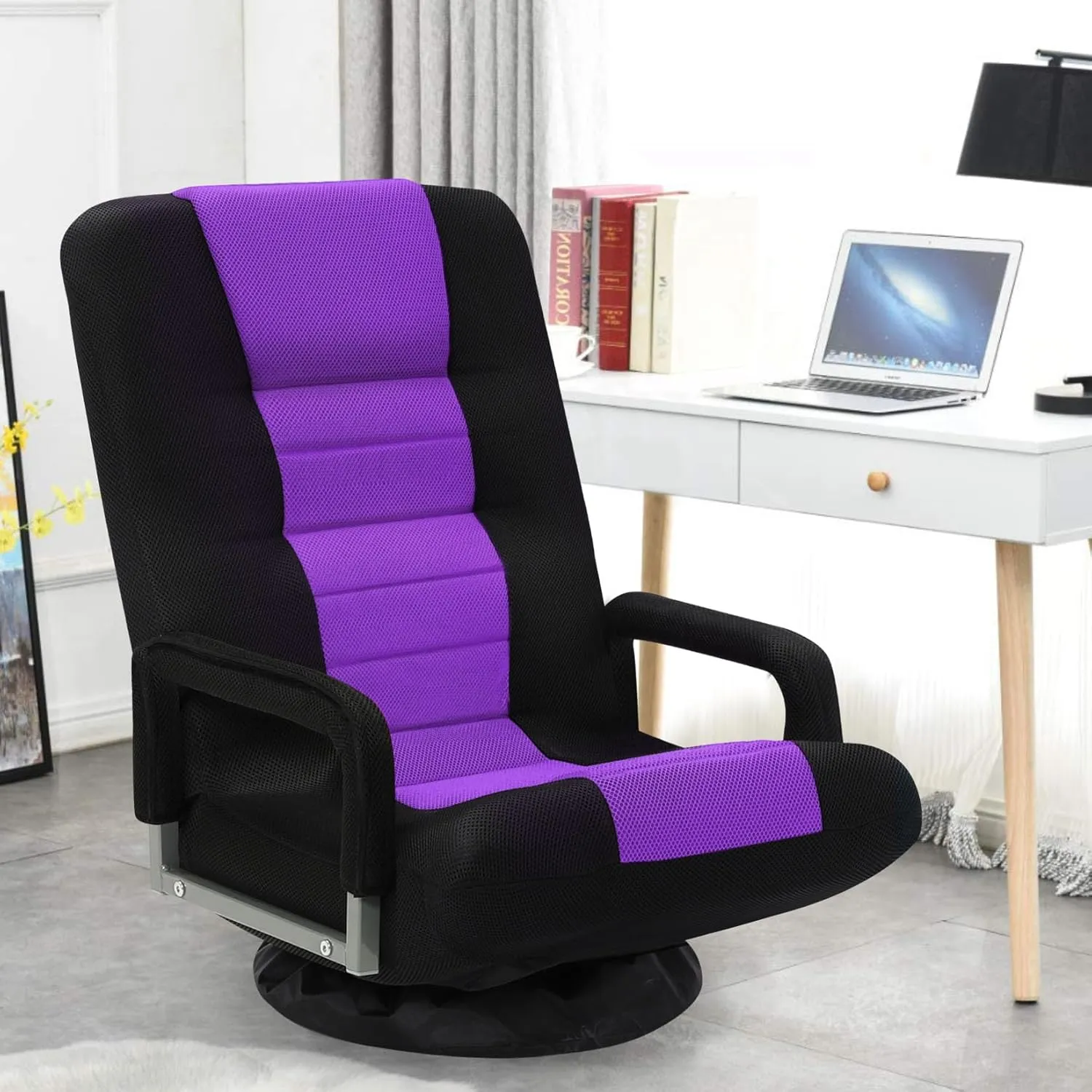 Swivel Floor Gaming Chair w/Armrests,Folding Video Reclining Sofa w/6 Adjustable Position, Padded Backrest & Cushion, Lazy Lounger Couch for E-Sports, Reading, Relaxing, Watching TV, Purple