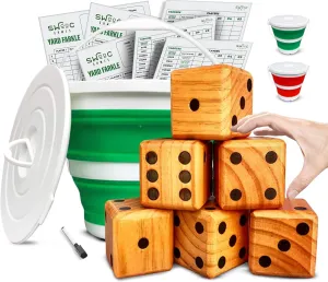 SWOOC Games - Yardzee, Farkle & 20  Games - Light-Weight Yard Dice Game Set (All Weather) with Collapsible Bucket, 5 Big Laminated Score Cards, and Marker (Choose 2.5in or 3.5in Dice) Yard Games