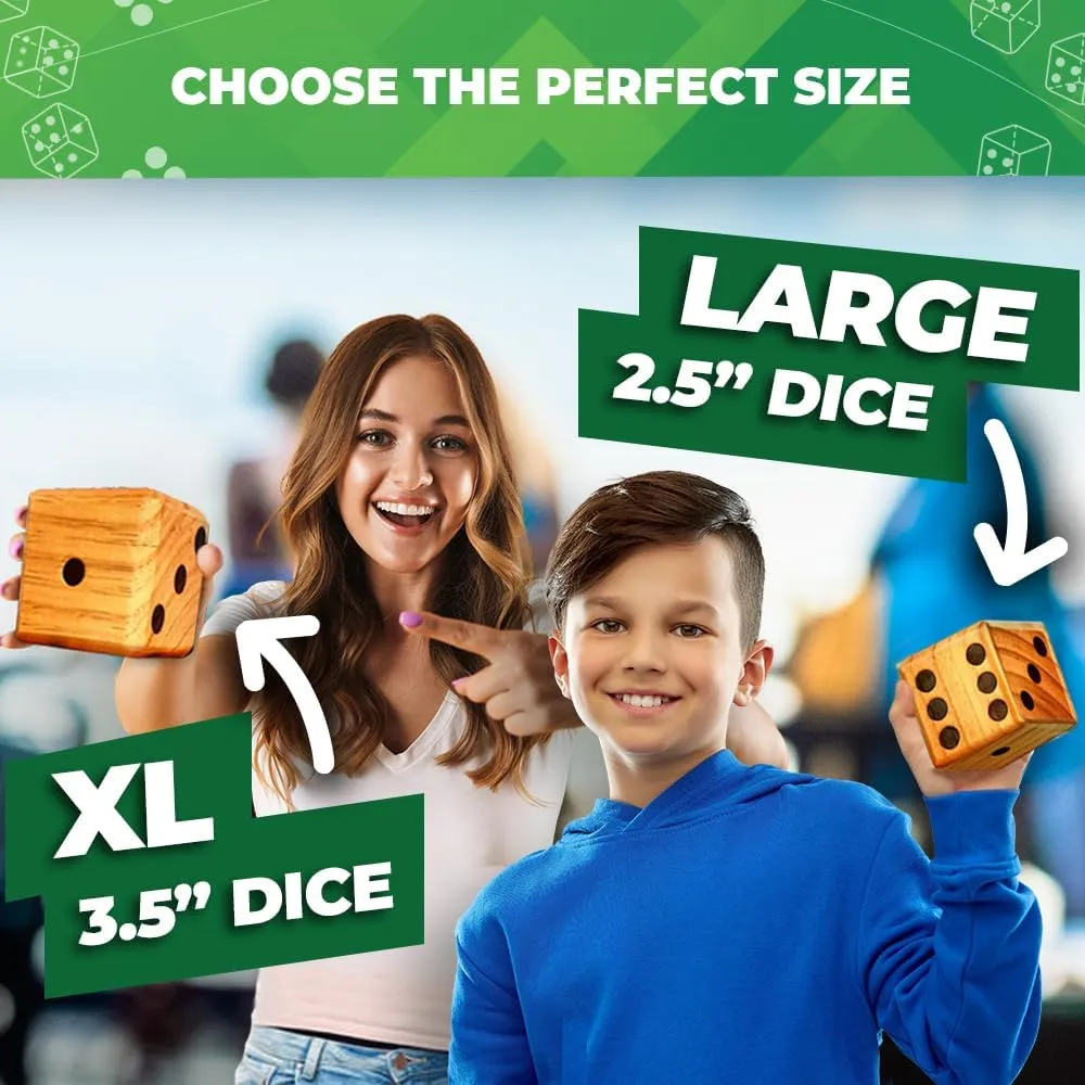 SWOOC Games - Yardzee, Farkle & 20  Games - Light-Weight Yard Dice Game Set (All Weather) with Collapsible Bucket, 5 Big Laminated Score Cards, and Marker (Choose 2.5in or 3.5in Dice) Yard Games