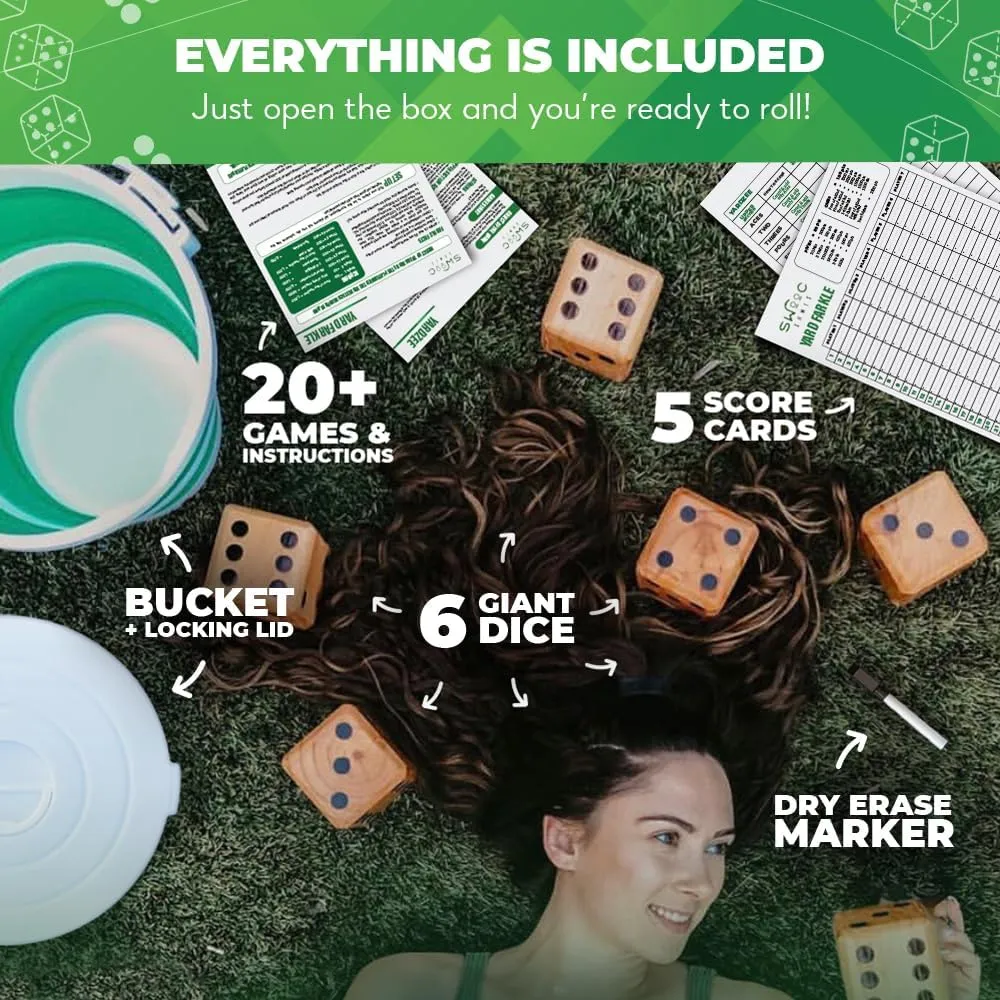 SWOOC Games - Yardzee, Farkle & 20  Games - Light-Weight Yard Dice Game Set (All Weather) with Collapsible Bucket, 5 Big Laminated Score Cards, and Marker (Choose 2.5in or 3.5in Dice) Yard Games