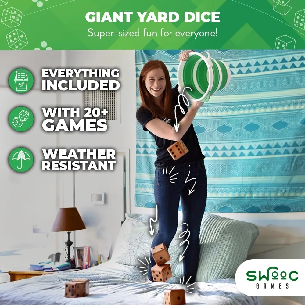 SWOOC Games - Yardzee, Farkle & 20  Games - Light-Weight Yard Dice Game Set (All Weather) with Collapsible Bucket, 5 Big Laminated Score Cards, and Marker (Choose 2.5in or 3.5in Dice) Yard Games
