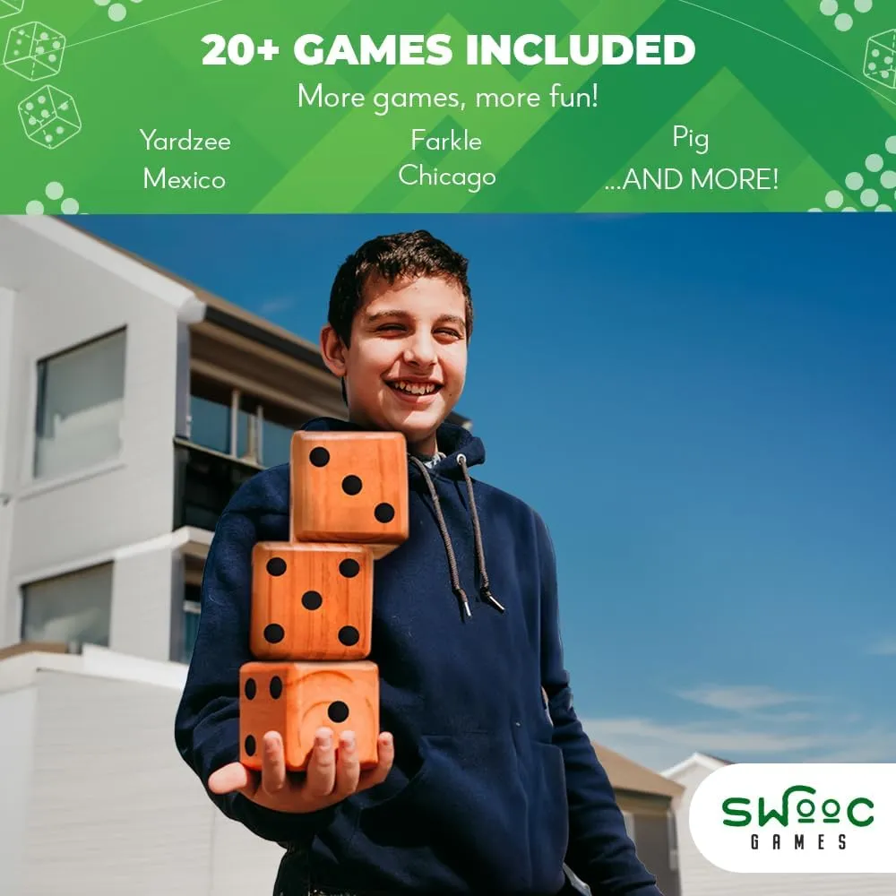 SWOOC Games - Yardzee, Farkle & 20  Games - Light-Weight Yard Dice Game Set (All Weather) with Collapsible Bucket, 5 Big Laminated Score Cards, and Marker (Choose 2.5in or 3.5in Dice) Yard Games