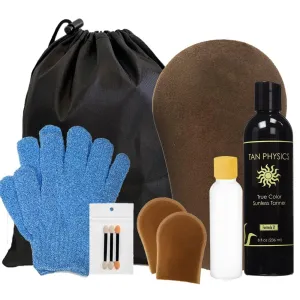 Tan Physics Self Tanner – 11pc Sunless Tanning Kit with True Color Tanner, Exfoliation Gloves, Travel Bag & Bottle, Face & Body Mitts, Detail Applicator for a Flawless Glow