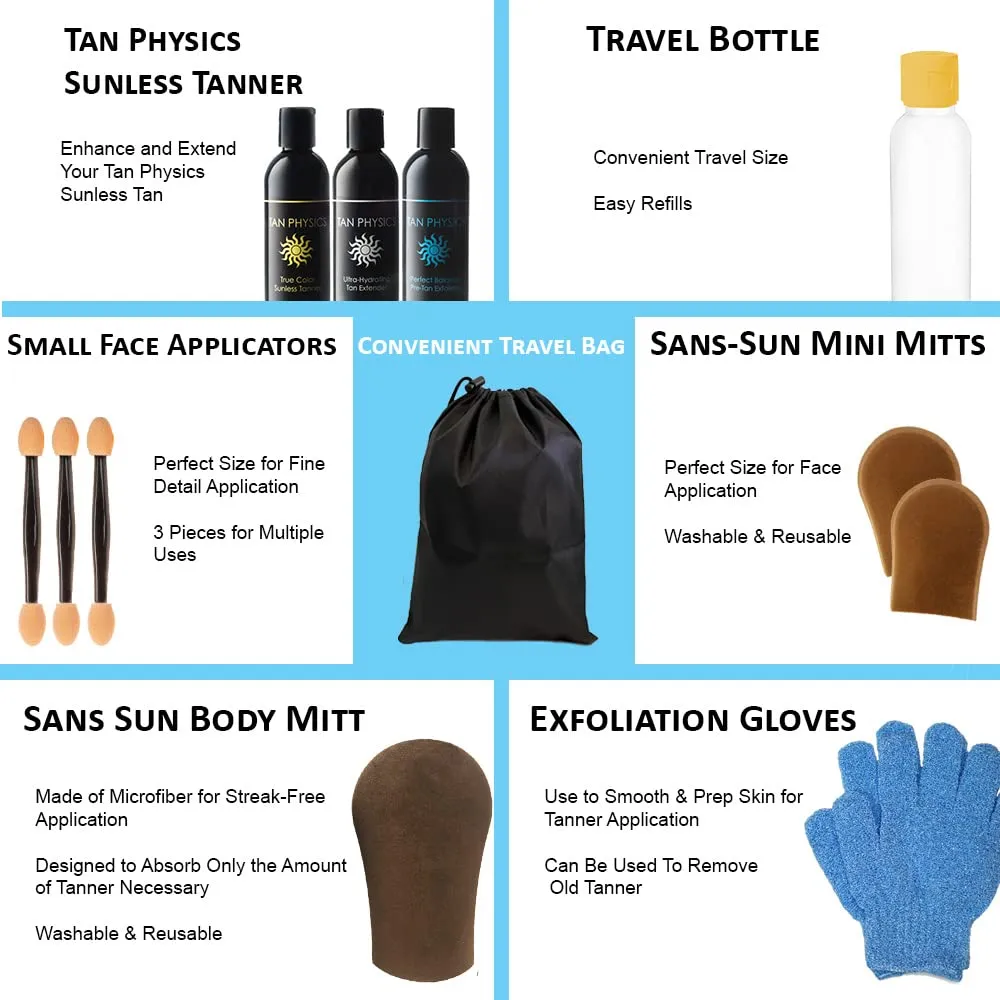 Tan Physics Self Tanner – 13pc Sunless Tanning Kit with True Color Tanner, Pre-Tan Exfoliator & Tan Extender – Includes Face & Body Mitts, Exfoliation Glove, Detail Applicator, Travel Bag & Bottle