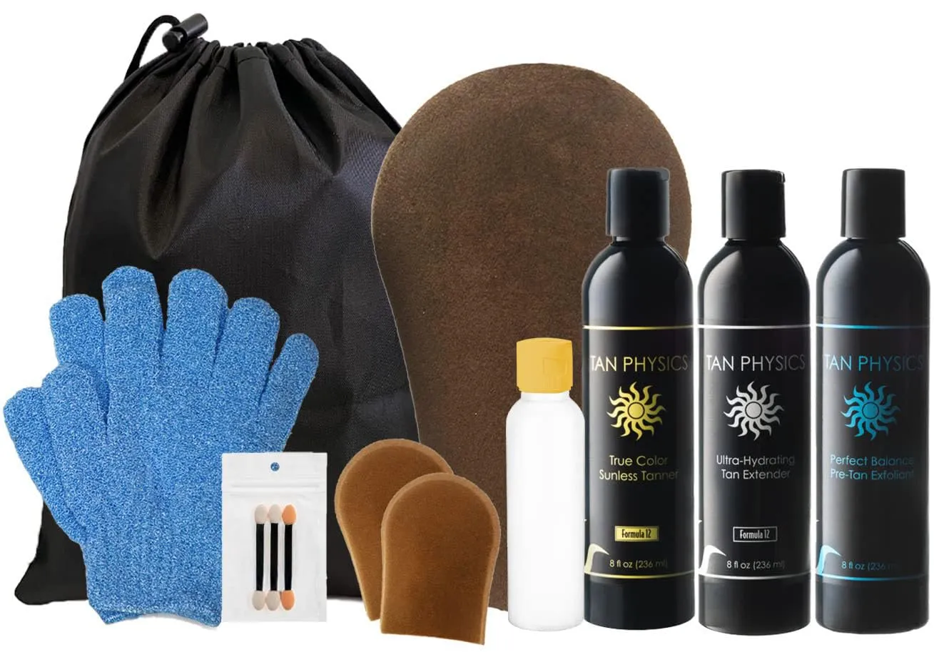 Tan Physics Self Tanner – 13pc Sunless Tanning Kit with True Color Tanner, Pre-Tan Exfoliator & Tan Extender – Includes Face & Body Mitts, Exfoliation Glove, Detail Applicator, Travel Bag & Bottle