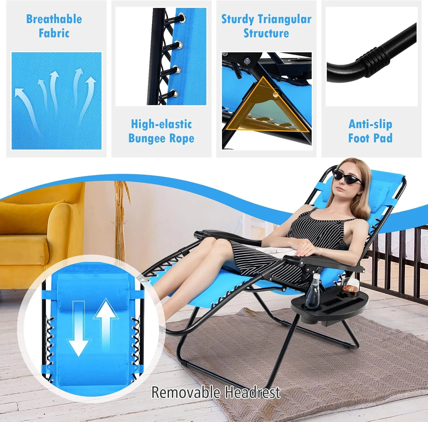 Tangkula Set of 2 Zero Gravity Chair, Folding Patio Lounge Chair Adjustable Outdoor Recliner with Cup Holder, Wide Armrest for Patio Garden Poolside Outdoor Yard Beach, Support 350 lbs (2, Blue)