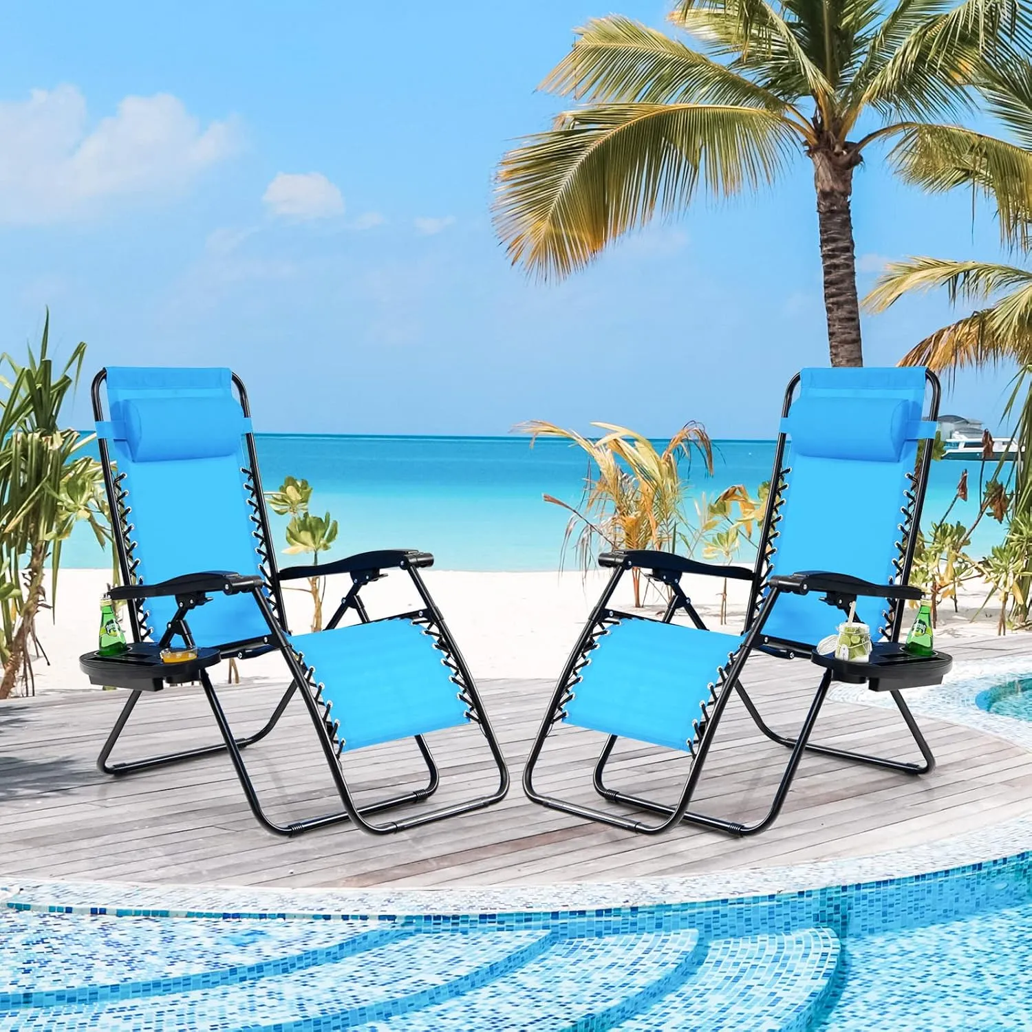 Tangkula Set of 2 Zero Gravity Chair, Folding Patio Lounge Chair Adjustable Outdoor Recliner with Cup Holder, Wide Armrest for Patio Garden Poolside Outdoor Yard Beach, Support 350 lbs (2, Blue)
