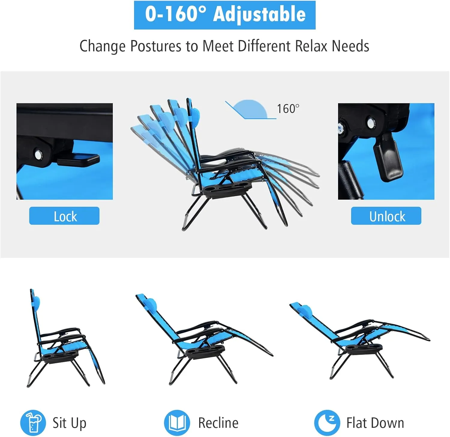 Tangkula Set of 2 Zero Gravity Chair, Folding Patio Lounge Chair Adjustable Outdoor Recliner with Cup Holder, Wide Armrest for Patio Garden Poolside Outdoor Yard Beach, Support 350 lbs (2, Blue)