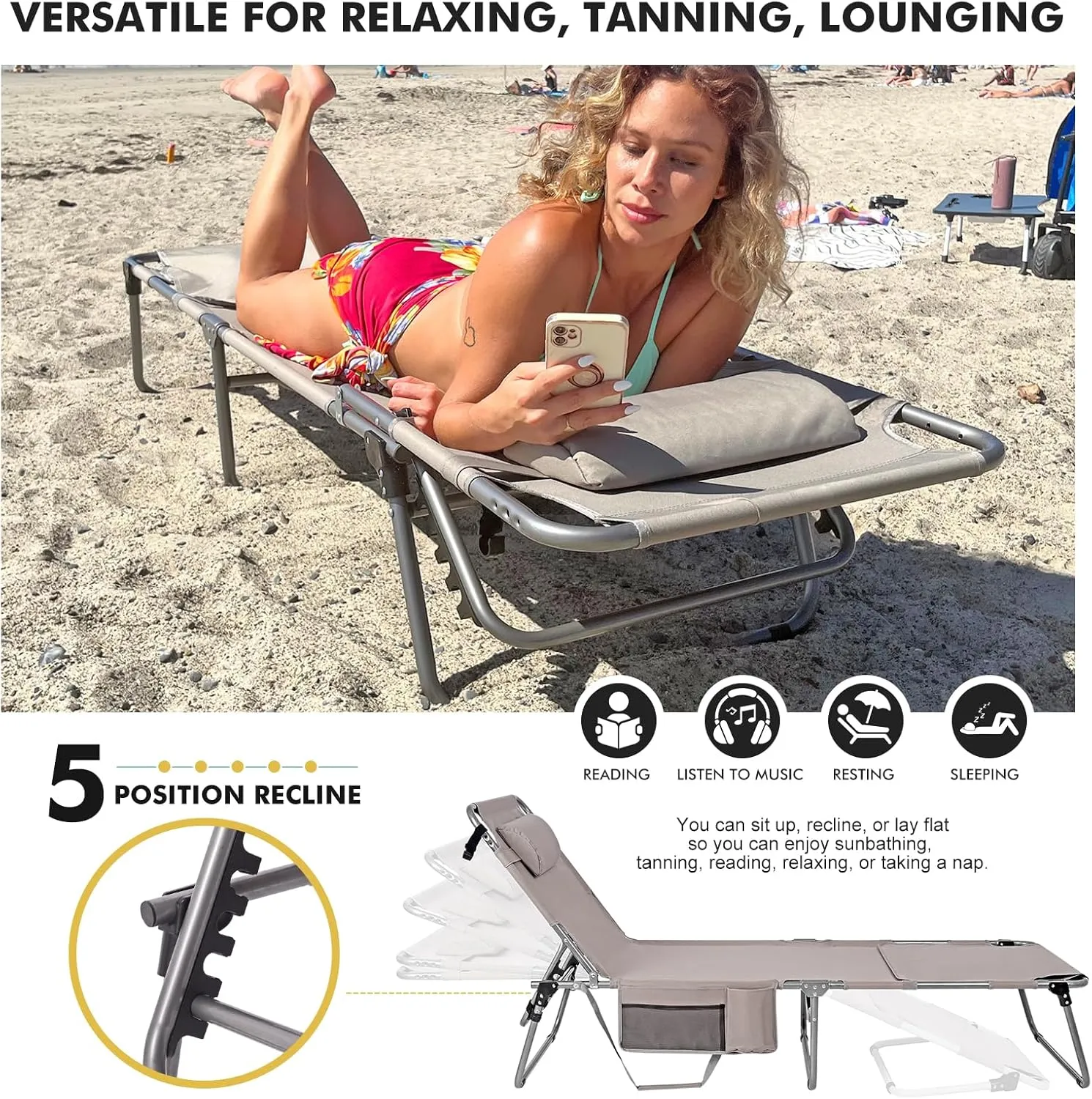Tanning Chair for Outside, Heavy Duty Oversized 330 LBS Lounge Chair with Face/Arm Hole, Wide Folding Layout Face Down Tanning Chair for Beach Poolside Patio Sunbathing Lawn Camping Sun, XL