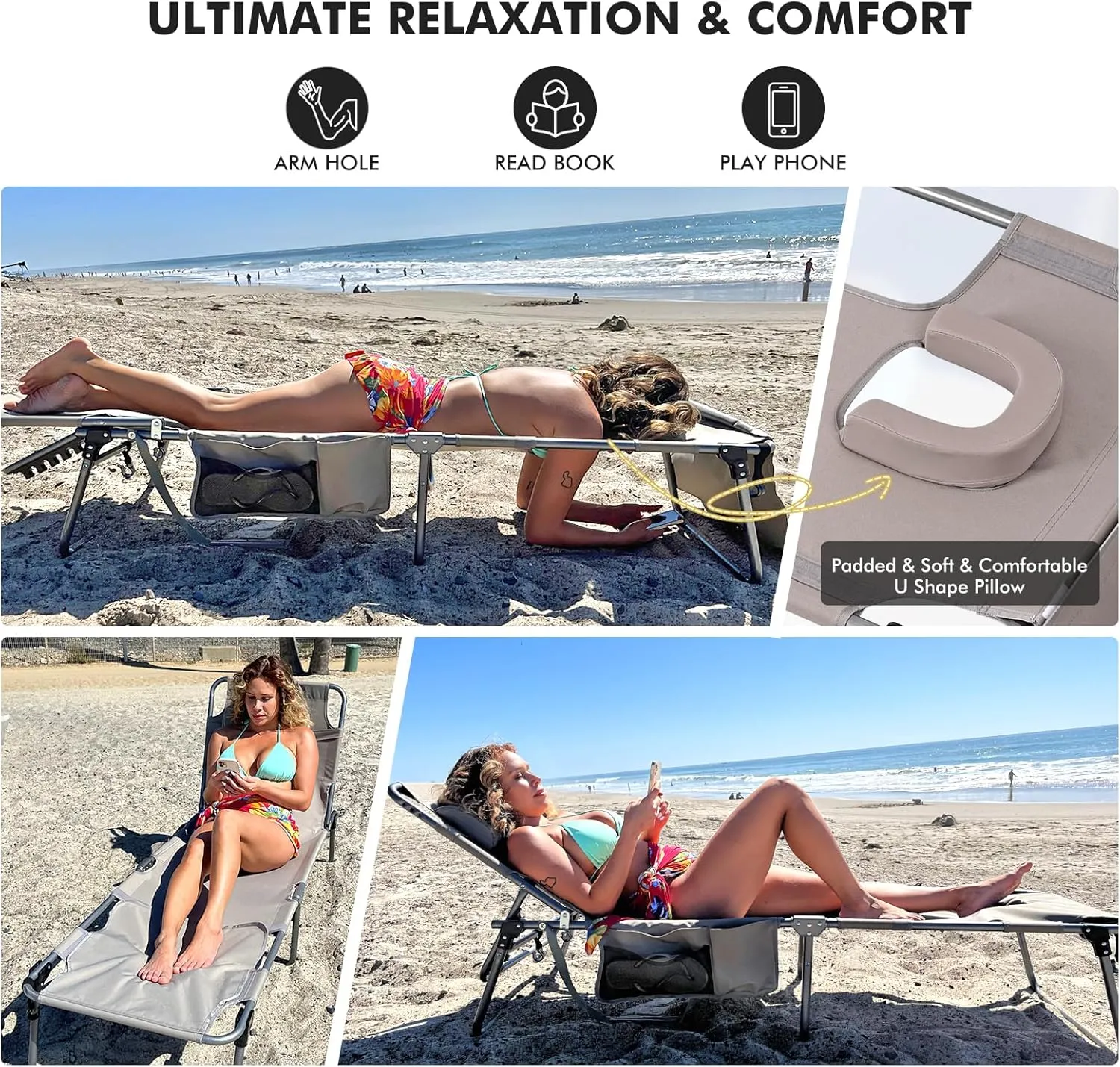 Tanning Chair for Outside, Heavy Duty Oversized 330 LBS Lounge Chair with Face/Arm Hole, Wide Folding Layout Face Down Tanning Chair for Beach Poolside Patio Sunbathing Lawn Camping Sun, XL