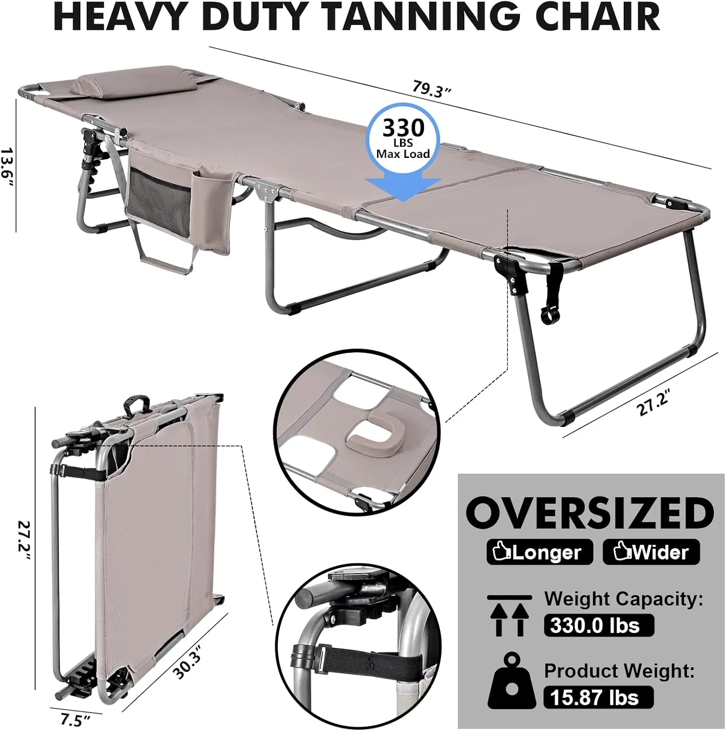 Tanning Chair for Outside, Heavy Duty Oversized 330 LBS Lounge Chair with Face/Arm Hole, Wide Folding Layout Face Down Tanning Chair for Beach Poolside Patio Sunbathing Lawn Camping Sun, XL