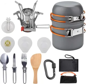 TARSHYRY 16pcs Camping Cookware Mess Kit, Mini Stove with Lightweight Pot, Stove, Spork and Carry Mesh Bag Fork Spoon Kits for Backpacking, Outdoor Camping Hiking and Picnic