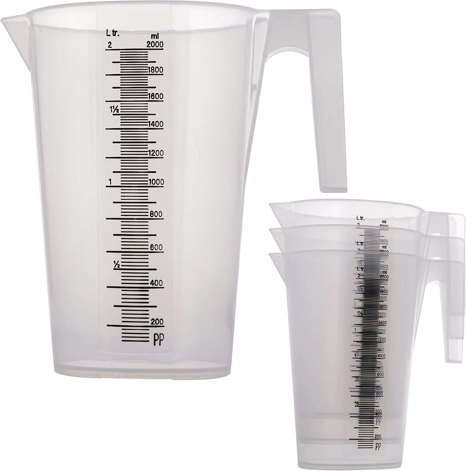 TCP Global 2 Liter (2000ml) Plastic Graduated Measuring and Mixing Pitcher (Pack of 4) - Holds Over 2 Quarts (64oz) - Pouring Cup, Measure & Mix Paint, Resin, Epoxy, Kitchen Cooking Baking Ingredients