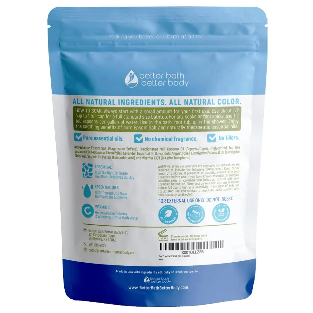 Tea Tree Foot Soak 32 Ounces Epsom Salt with Natural Tea Tree, Lavender and Eucalyptus Essential Oils Plus Vitamin C in BPA Free Pouch with Easy Press-Lock Seal