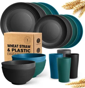 Teivio 16-Piece Kitchen Plastic Wheat Straw Dinnerware Set, Service for 4, Dinner Plates, Dessert Plate, Cereal Bowls, Cups, Unbreakable Plastic Outdoor Camping Dishes, Coastal Multicolor